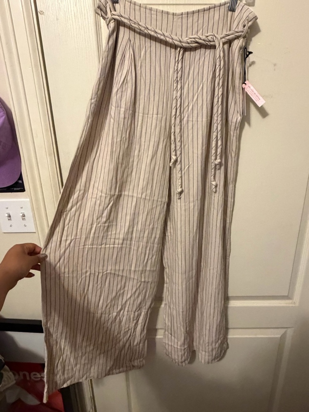 Striped Taupe Wide-Leg Pants with Braided Rope Belt